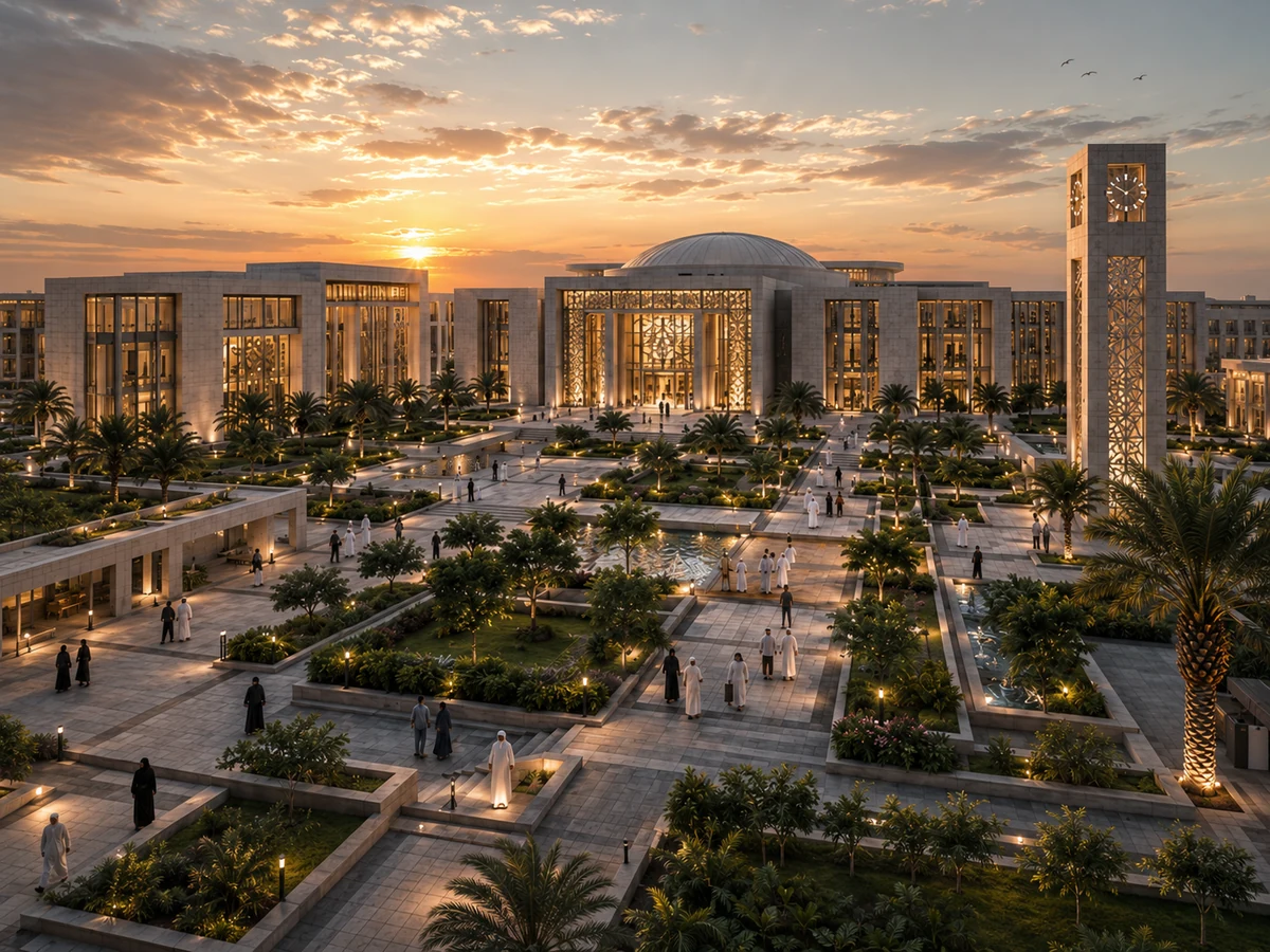 Civic and institutional campus at sunset