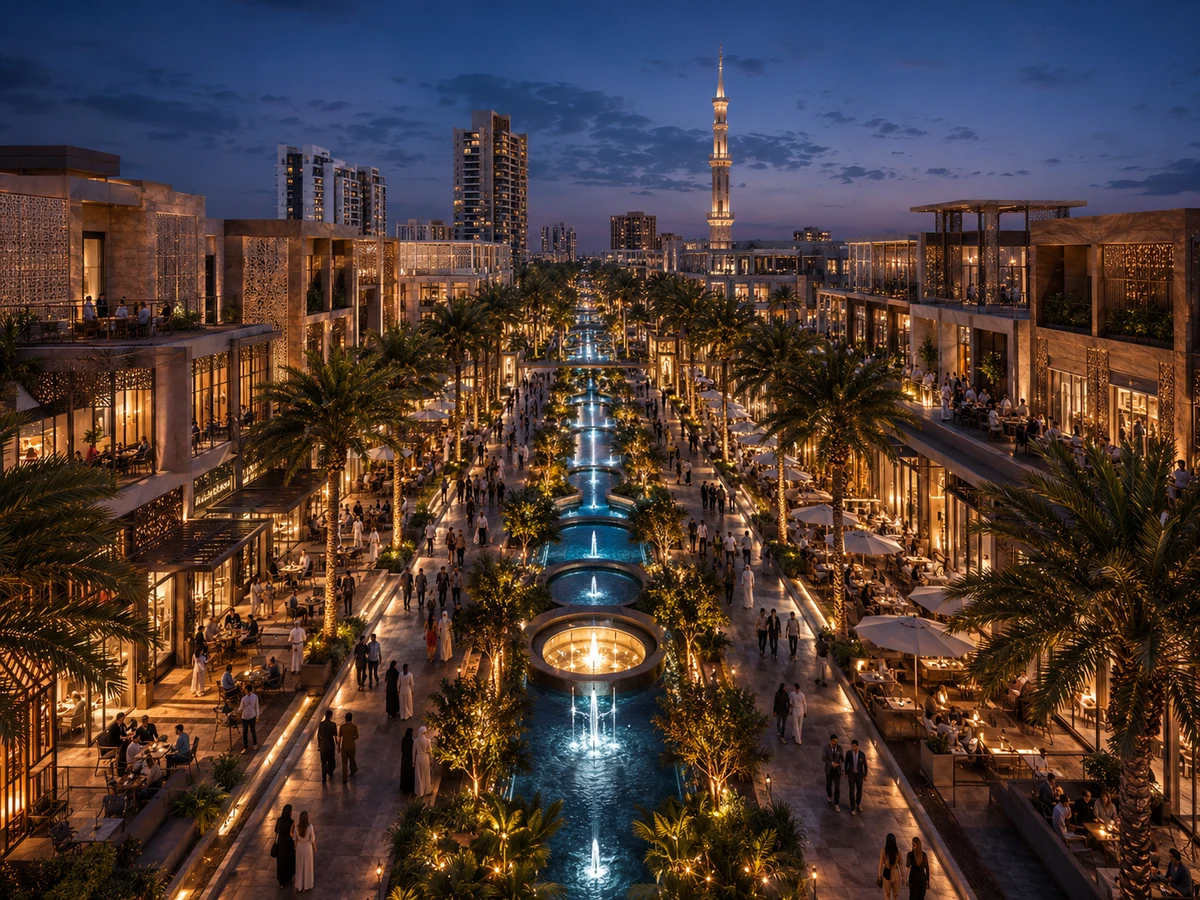 Commercial and retail lifestyle promenade at dusk