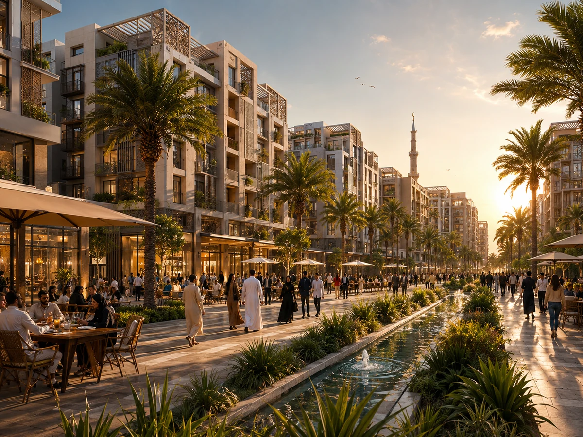Residential walkable Gulf district at golden hour