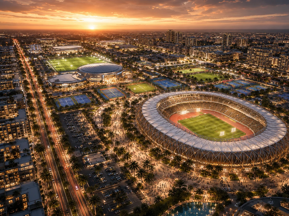Sports and entertainment precinct at sunset