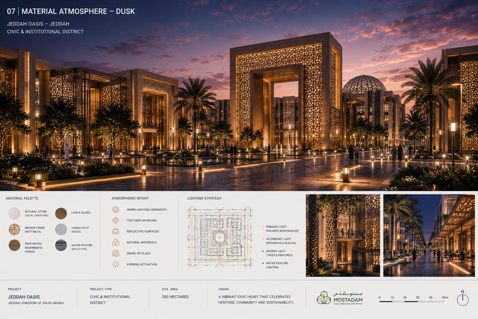 the Kingdom Oasis Civic & Institutional District — Civic District at Dusk