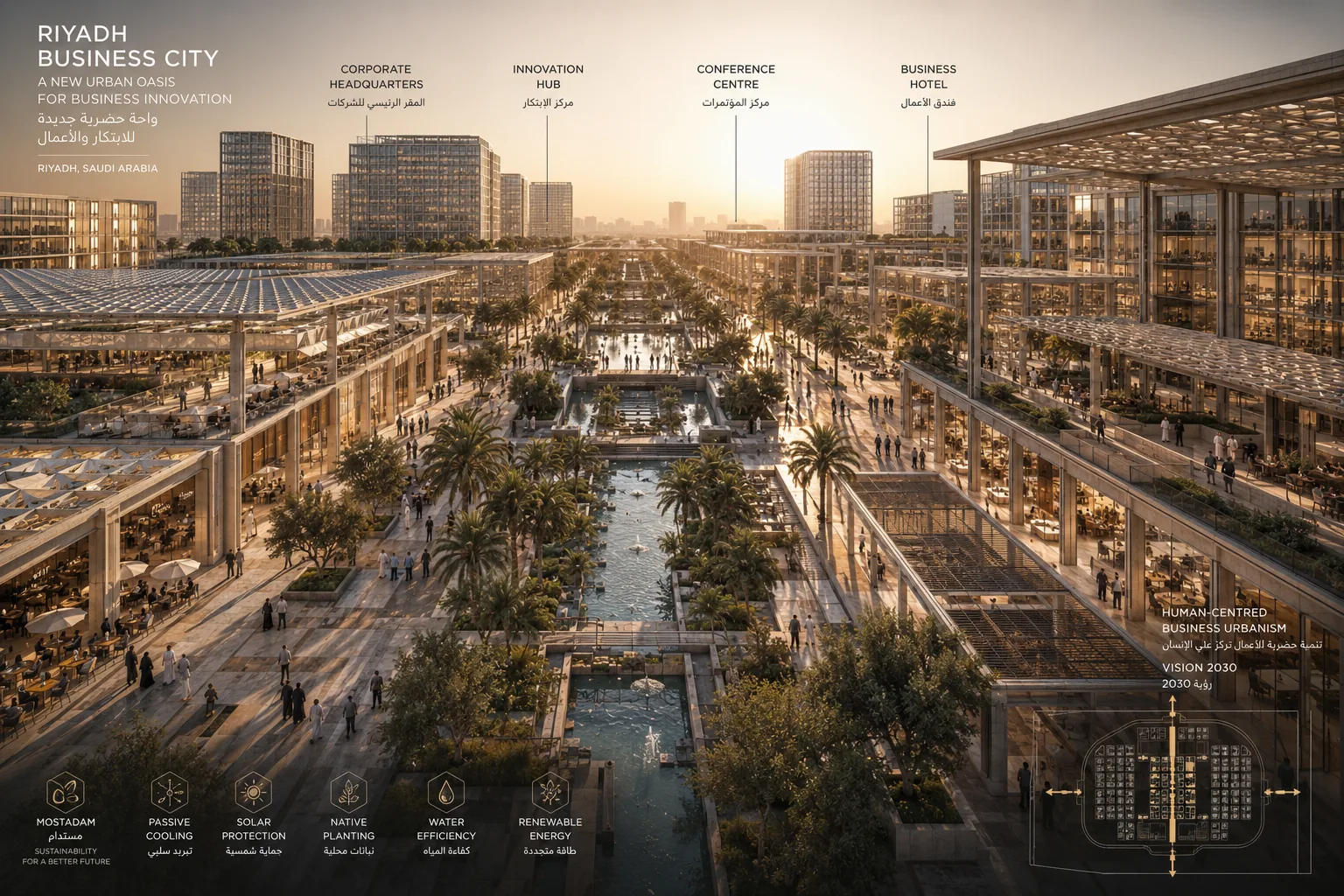 Riyadh Business City — Central Green Spine & Civic Axis