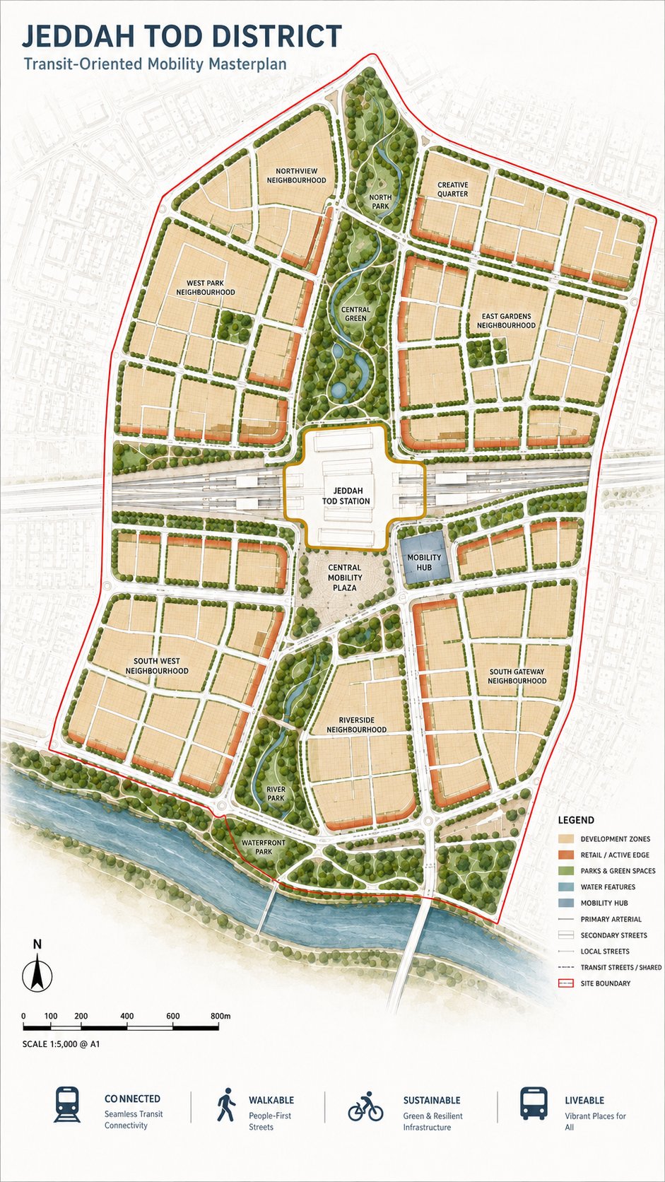 Jeddah TOD District — Station-Centred Masterplan